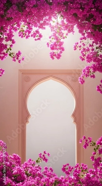 Fototapeta Beautiful Archway Frame Decorated with Vibrant Pink Bougainvillea Flowers and Sunlight