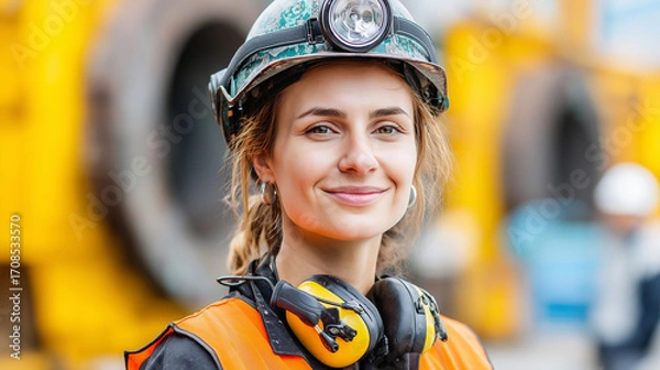 Fototapeta A smiling female industrial worker in a hard hat with a headlamp and ear defenders, wearing a hi-vis vest, looking confidently at the camera.