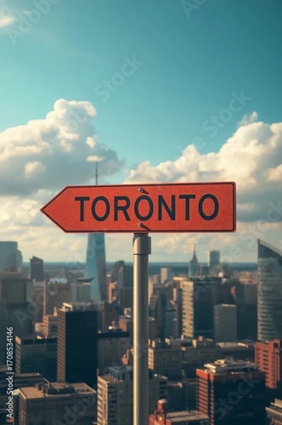 Fototapeta direction arrow on a pole with the inscription Toronto on the background of the city in summer day