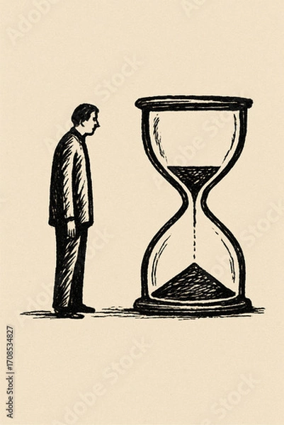 Fototapeta a solitary figure standing beside a huge hourglass almost empty of sand