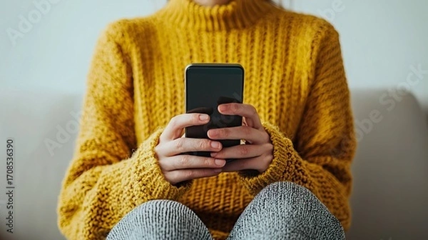 Obraz Woman using a banking app on her smartphone, home comfort, digital finance, modern 