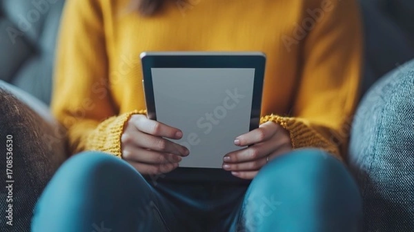 Obraz Woman using a budgeting app on her tablet, cozy armchair, personal financial management, relaxed, 