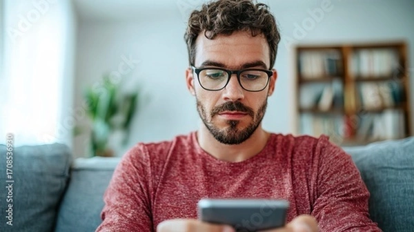 Obraz Young adult thoughtfully comparing different investment apps on their smartphone, casual home setting, informed decision 