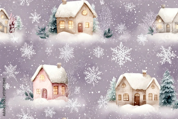 Fototapeta Charming Winter Cottages in Snowy Wonderland with Snowflakes and Pine Trees. Christmas or New Year concept