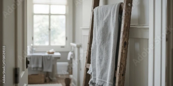 Fototapeta Farmhouse Bathroom Scene  Focus on the Texture of Gray Linen Towels and the Rustic Charm of Weathered Wood