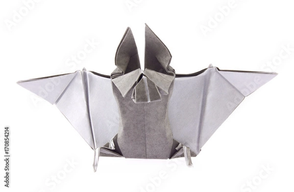 Fototapeta Gray bat of origami, isolated on white background. Stock photo.