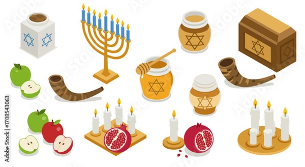 Fototapeta Jewish holiday elements with menorah, shofar, honey, apples, pomegranate, and…