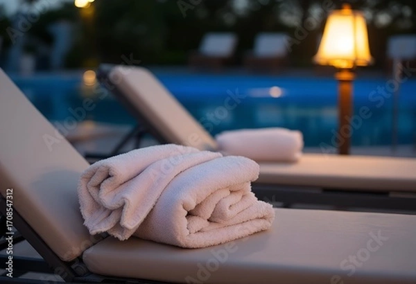 Fototapeta Serene Evening by the Pool: Folded Towels on Lounge Chairs