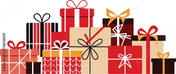 Fototapeta Stack of festive christmas presents wrapped in red and tan paper