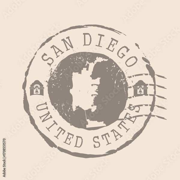 Fototapeta Stamp Postal of San Diego is city of USA. Map Silhouette rubber Seal.  Design Retro Travel. Seal  Map of San Diego grunge  for your design. United States. EPS10