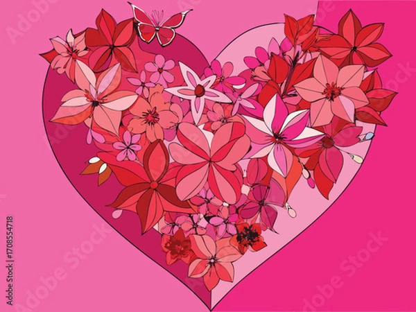 Fototapeta Pink heart shape filled with delicate red and pink flowers
