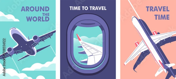 Obraz Passenger plane parked on the runway. View through the porthole of aircraft. Airplane gaining altitude between clouds. Travel, journey concept. Vector illustration in a minimalistic style.