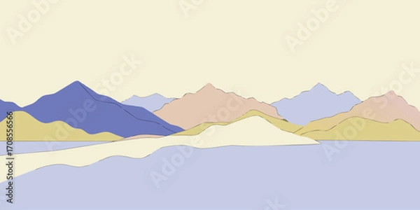 Fototapeta Abstract landscape with pastel mountains and water reflection
