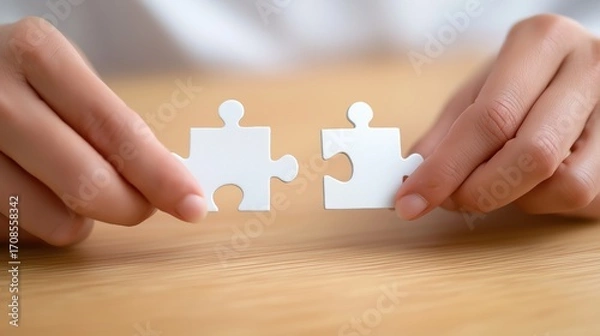 Fototapeta Hands holding puzzle pieces symbol of business collaboration and teamwork on light background.