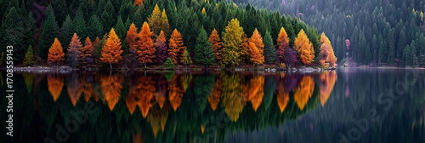 Fototapeta A beautiful autumn scene with trees and a lake