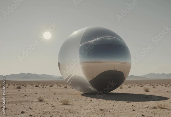 Fototapeta Serene Desert Scene  A Reflective Globe Silhouetted Against a Pale Horizon, Capturing the Essence of Southwestern Minimalism