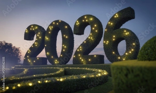 Fototapeta Year 2026 in lush greenery, illuminated