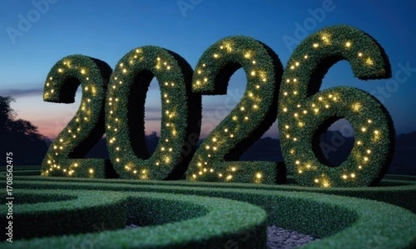 Fototapeta Year 2026, illuminated topiary numerals in a garden maze at twilight