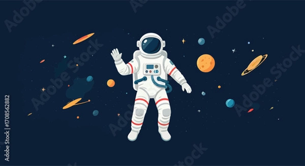 Fototapeta Cartoon astronaut in a white spacesuit waving hello.