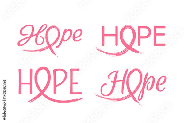 Fototapeta Set of breast cancer awareness hope word designs with pink ribbon typography, symbolizing support, strength, and solidarity in the fight against cancer
