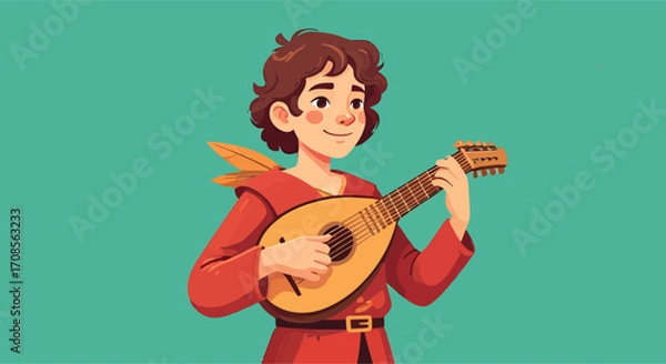 Fototapeta Charming Cartoon Bard with Wings Playing a Lute.
