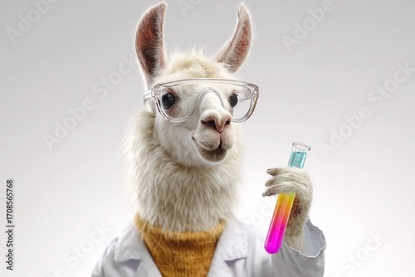 Fototapeta Llama scientist with test tube wearing lab coat and safety glasses
