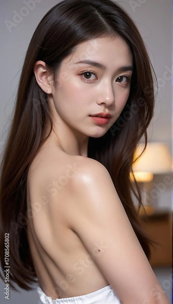 Fototapeta A portrait of a beautiful young woman turning around. A beautiful, natural look, a beauty image.振り返る美しい若い女性のポートレート。美しい素顔、美容イメージ。