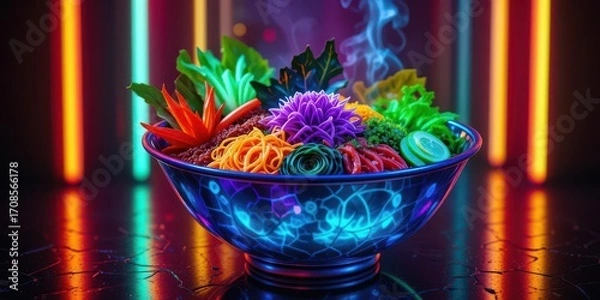 Fototapeta Bibimbap in a cyberpunk style, featuring neon lit vegetables and a futuristic design. A vibrant and exciting culinary experience.