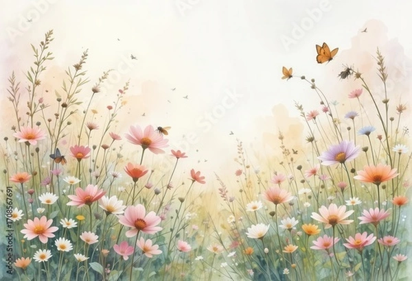Fototapeta Botanical Meadow  A Delicate Watercolor Painting of a Wildflower Field Filled with Pollinating Insects
