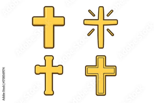 Fototapeta Set of four golden crosses flat style vector cartoon icons, religious symbols collection with shiny and solid designs, Christian faith illustration with transparent background