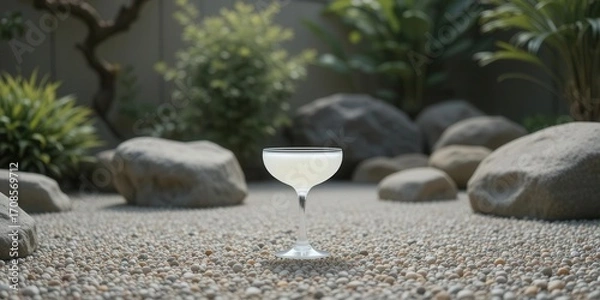 Fototapeta Raked Gravel and Carefully Placed Rocks Surround a Calm and Minimalist White Glass