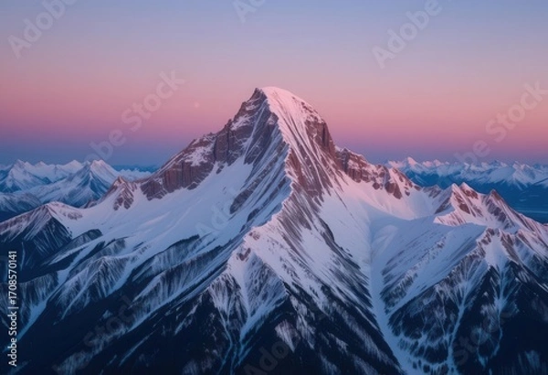 Fototapeta Crisp Mountainscape  A Broad Vista of Snow Capped Peaks Illuminated by the First Light of Day