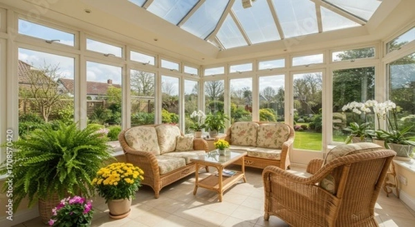 Fototapeta Sunroom with a view of a garden.