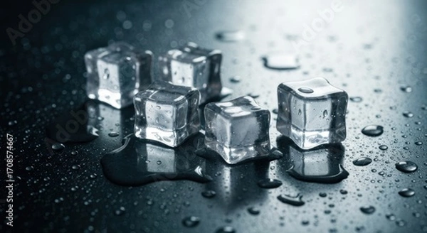 Fototapeta Clear ice cubes on a dark, wet surface