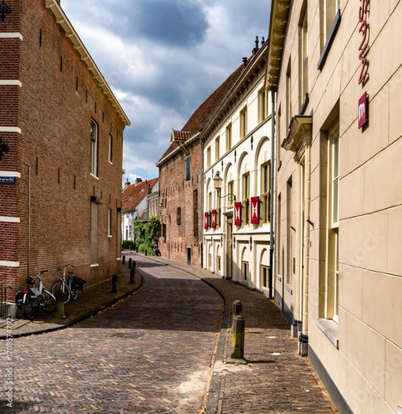 Fototapeta A charming cobblestone street winds through the picturesque city of Amersfoort. The architecture features traditional brick buildings with decorative shutters.