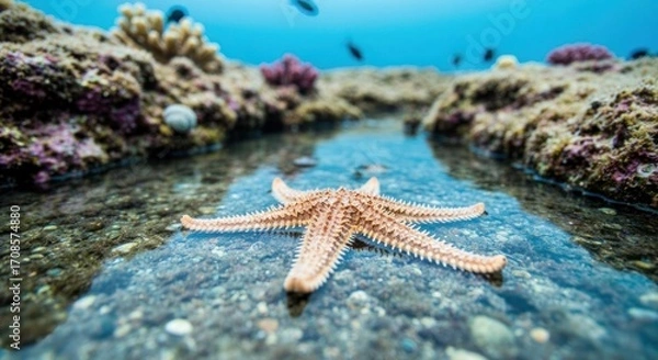 Fototapeta Clear shallow water, starfish rests on seabed. Coral reef surrounds