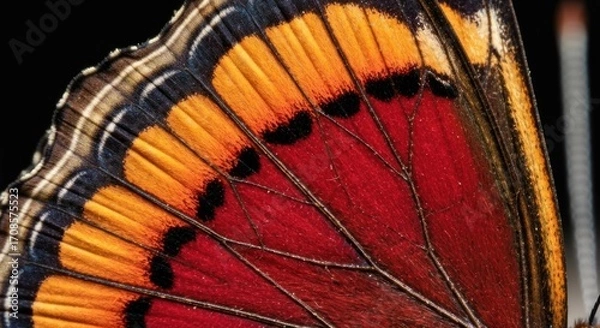Fototapeta Close-up of a butterfly wing, showcasing intricate patterns of orange, red, and black