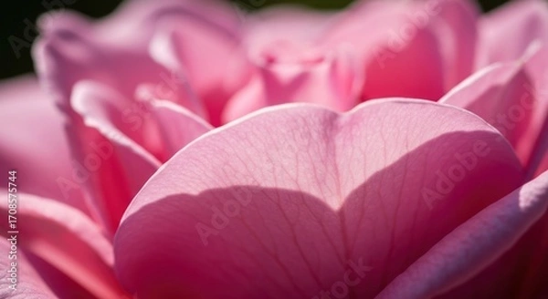 Fototapeta Close-up of a delicate pink rose, highlighting the soft texture of the petals. Sunlight casts subtle shadows