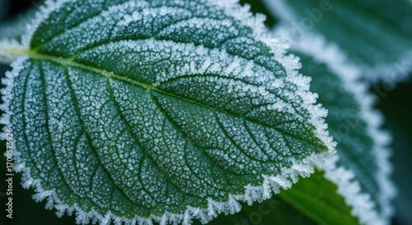 Fototapeta Close-up of a frosted green leaf