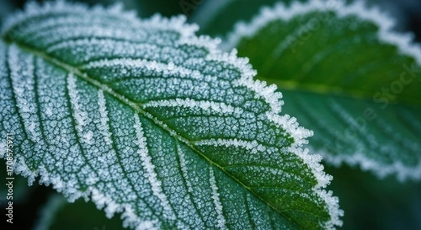 Fototapeta Close-up of a frosted leaf, showcasing intricate veins and a delicate frost covering