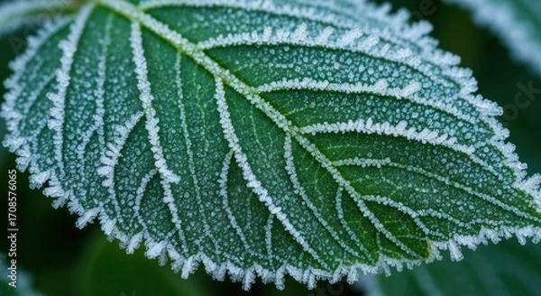 Fototapeta Close-up of a frosty leaf.  A vibrant green leaf is densely coated in a fine layer of frost.  The frost appears as small, white crystals.  The leaf's veins are visible beneath the frost