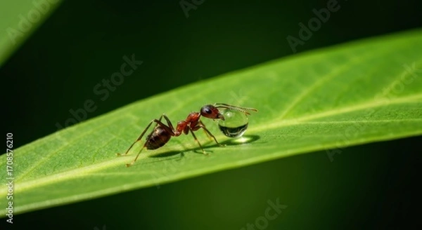 Fototapeta Close-up of a red ant carrying a water droplet on a green leaf