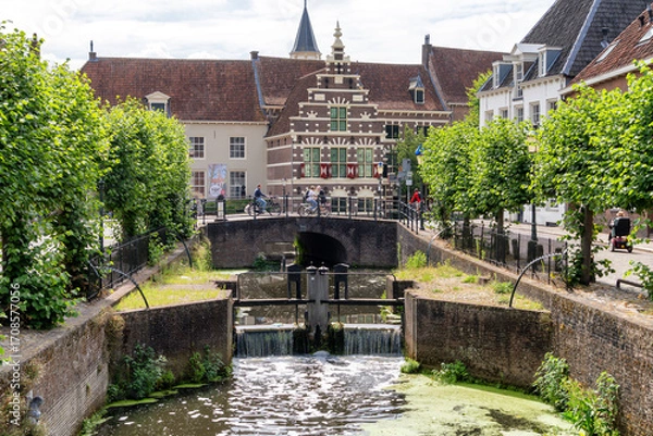 Fototapeta A picturesque scene in the city of Amersfoort captures a scenic canal flanked by rows of lush green trees. In the background, a historic building with intricate architecture stands proudly.