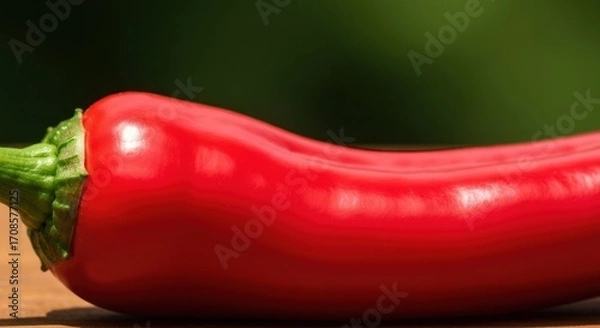 Fototapeta Close-up of a vibrant red chili pepper lying on a wooden surface.  A blurred green background suggests an outdoor setting