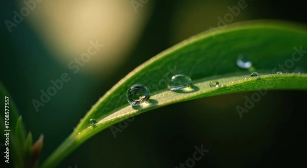 Fototapeta Close-up of dew drops on a vibrant green leaf (1)