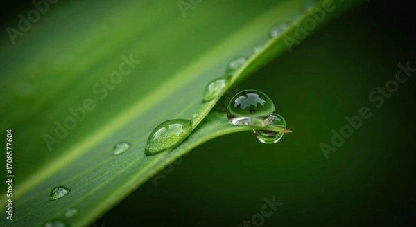 Fototapeta Close-up of dew drops on a vibrant green leaf