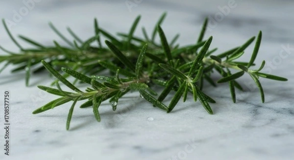 Fototapeta Close-up of fresh rosemary sprigs on a marble surface