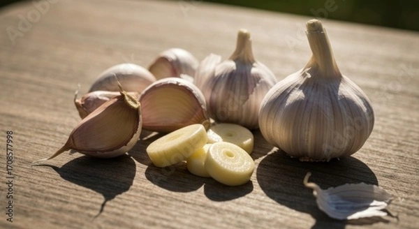 Fototapeta Close-up of garlic bulbs and cloves on a wooden surface, sunlight highlights the texture
