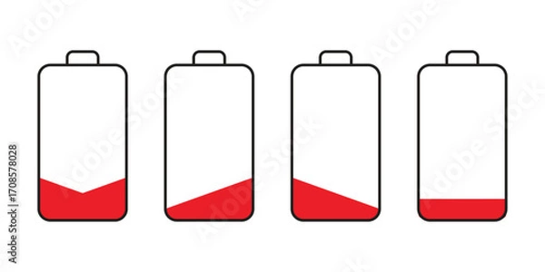 Obraz Low Battery Level Indicator Vector Showing Decreasing Charge in Red Fill Different Variation
