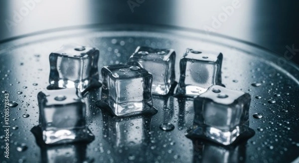 Fototapeta Close-up of several clear ice cubes on a wet, dark metal plate